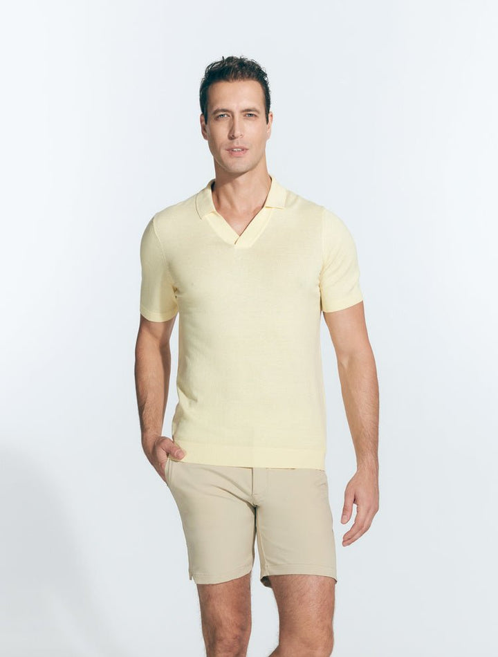 Front View: Model in Mark Yellow Polo Shirt - MOEVA Luxury Swimwear, Open Collar, Polo Shirt, Short-Sleeved, Cotton & Silk Blend, Long-Sleeved, Slim Fit, MOEVA Luxury Swimwear