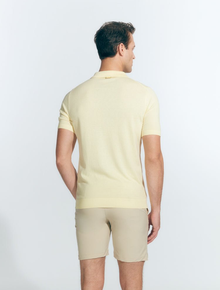 Back View: Model in Mark Yellow Polo Shirt - MOEVA Luxury Swimwear, Ready to Wear, Polo Shirt, Unlined, Slim Fit, MOEVA Luxury Swimwear 
