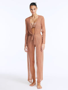 Front View: Model in Marlowe Bronze Kaftan - Long Kaftan, Sheer Soft Fabric, Chic Beachwear, MOEVA Luxury Beachwear