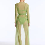 Back View: Marlowe Green Kaftan on Model - Ankle Length, Loose Fit, Self-Tie Belt, MOEVA Luxury Beachwear