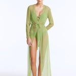 Front View: Model in Marlowe Green Kaftan - Long Kaftan, Sheer Soft Fabric, Chic Beachwear, MOEVA Luxury Beachwear