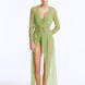 Front View: Model in Marlowe Green Kaftan - Long Kaftan, Sheer Soft Fabric, Chic Beachwear, MOEVA Luxury Beachwear