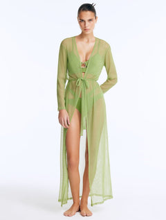 Front View: Model in Marlowe Green Kaftan - Long Kaftan, Sheer Soft Fabric, Chic Beachwear, MOEVA Luxury Beachwear