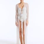 Front View: Model in Marlowe Silver Kaftan - Long Kaftan, Sheer Soft Fabric, Chic Beachwear, MOEVA Luxury Beachwear