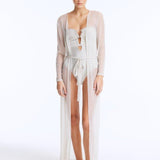 Front View: Model in Marlowe Silver Kaftan - Long Kaftan, Sheer Soft Fabric, Chic Beachwear, MOEVA Luxury Beachwear