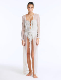 Front View: Model in Marlowe Silver Kaftan - Long Kaftan, Sheer Soft Fabric, Chic Beachwear, MOEVA Luxury Beachwear
