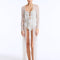 Front View: Model in Marlowe Silver Kaftan - Long Kaftan, Sheer Soft Fabric, Chic Beachwear, MOEVA Luxury Beachwear