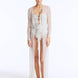 Front View: Model in Marlowe Silver Kaftan - Long Kaftan, Sheer Soft Fabric, Chic Beachwear, MOEVA Luxury Beachwear