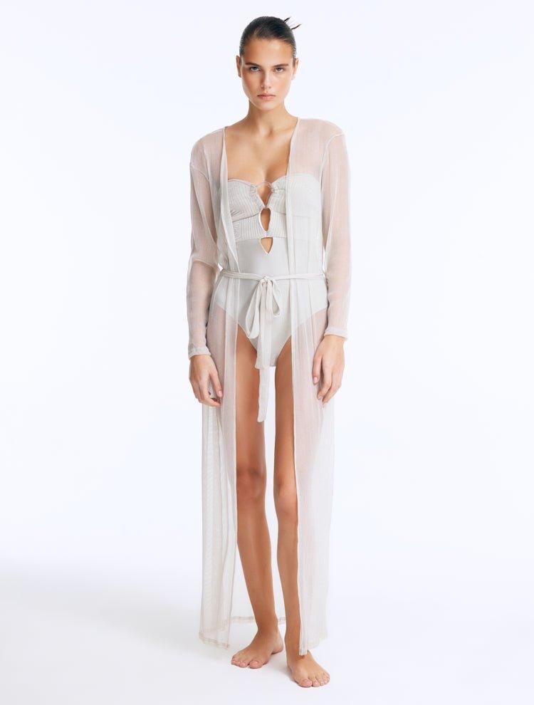 Front View: Model in Marlowe Silver Kaftan - Long Kaftan, Sheer Soft Fabric, Chic Beachwear, MOEVA Luxury Beachwear