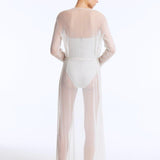 Back View: Marlowe Silver Kaftan on Model - Ankle Length, Loose Fit, Self-Tie Belt, MOEVA Luxury Beachwear