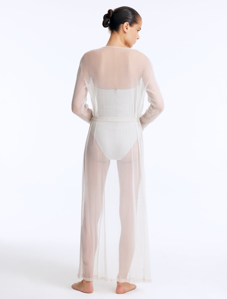 Back View: Marlowe Silver Kaftan on Model - Ankle Length, Loose Fit, Self-Tie Belt, MOEVA Luxury Beachwear