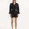 "The front view highlights the full-length sleeves with delicately buttoned cuffs and the shirt's sleek, deep black color, emphasizing its classic and sophisticated appearance."