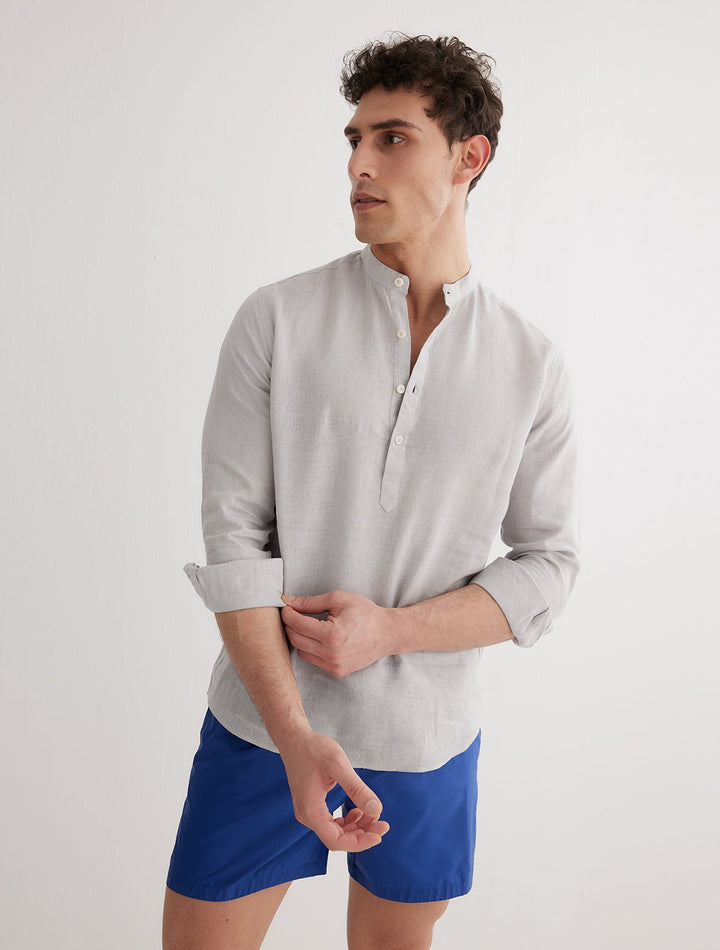 Matteo Grey Linen Shirt With Half-Placket -Men Shirts Moeva