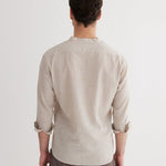 Back View: Model in Matteo Khaki Shirt - MOEVA Luxury Swimwear, Ready to Wear, Long Sleeved Shirts, Unlined, Linen, MOEVA Luxury Swimwear 