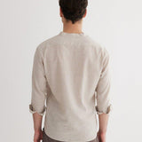 Back View: Model in Matteo Khaki Shirt - MOEVA Luxury Swimwear, Ready to Wear, Long Sleeved Shirts, Unlined, Linen, MOEVA Luxury Swimwear 