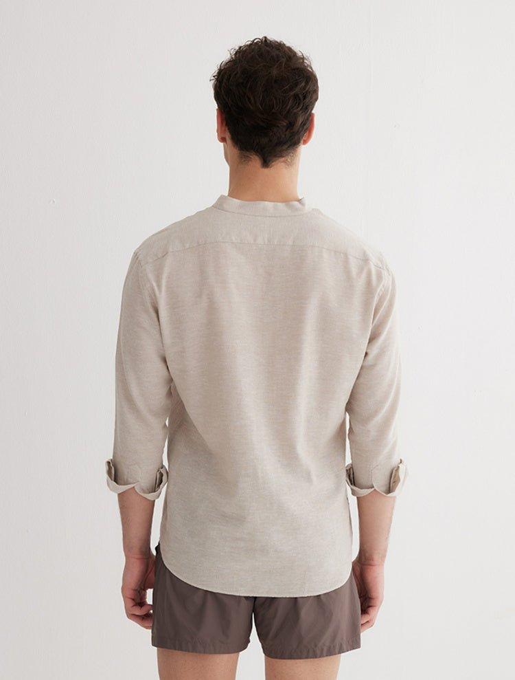 Back View: Model in Matteo Khaki Shirt - MOEVA Luxury Swimwear, Ready to Wear, Long Sleeved Shirts, Unlined, Linen, MOEVA Luxury Swimwear 