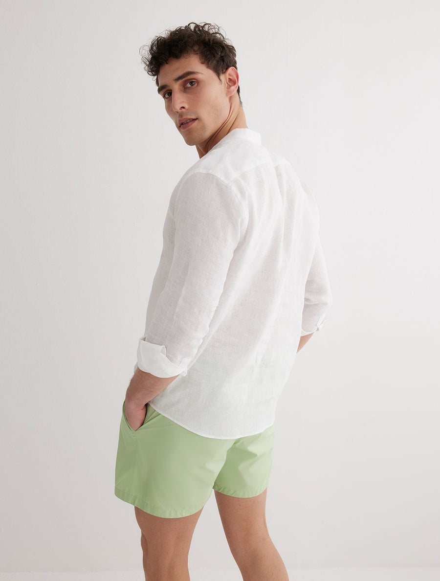 Back View: Model in Matteo White Shirt - MOEVA Luxury Swimwear, Ready to Wear, Polo Shirt, Unlined, Slim Fit, MOEVA Luxury Swimwear 