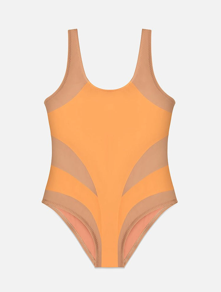 Front View: Meg Orange/Nude Kids Swimsuit - Square Neck, Geometric Color Paneling, Duo Colored, Fully Lined, Full Bottom Coverage, Italian Fabric, Special Lycra Xtralife Certificate, MOEVA Luxury Swimwear