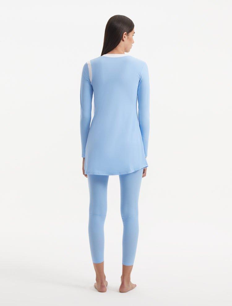 Back view of the Meissa Baby Blue Burkini, showcasing the seamless, elegant design.
