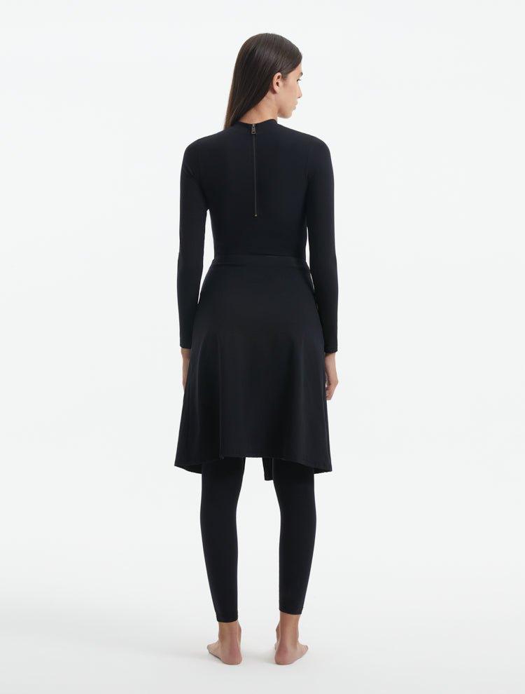"Back view of the Meissa Black Burkini, showcasing its seamless, refined design.