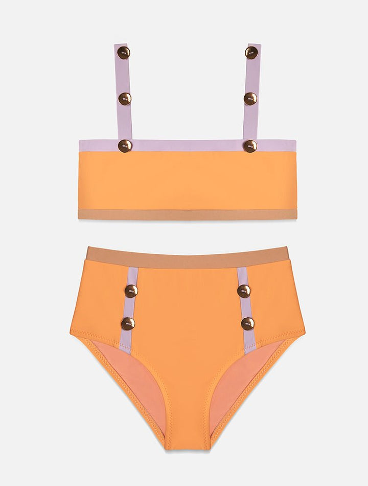 Front View: Mera Orange/Lilac Kids Bikini - Square Neck Top, Gold Button Details, High-Waist Bottom, Fully Lined, Full Bottom Coverage, MOEVA Luxury Swimwear