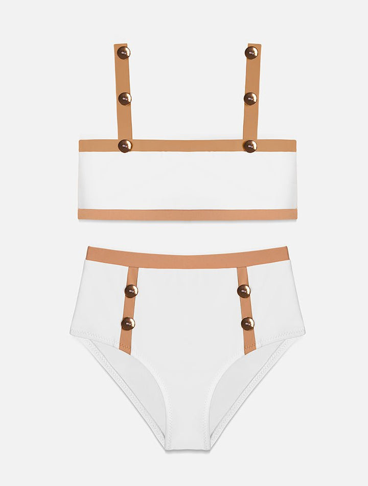 Front View: Mera White/Nude Kids Bikini - Square Neck Top, Gold Button Details, High-Waist Bottom, Fully Lined, Full Bottom Coverage, MOEVA Luxury Swimwear