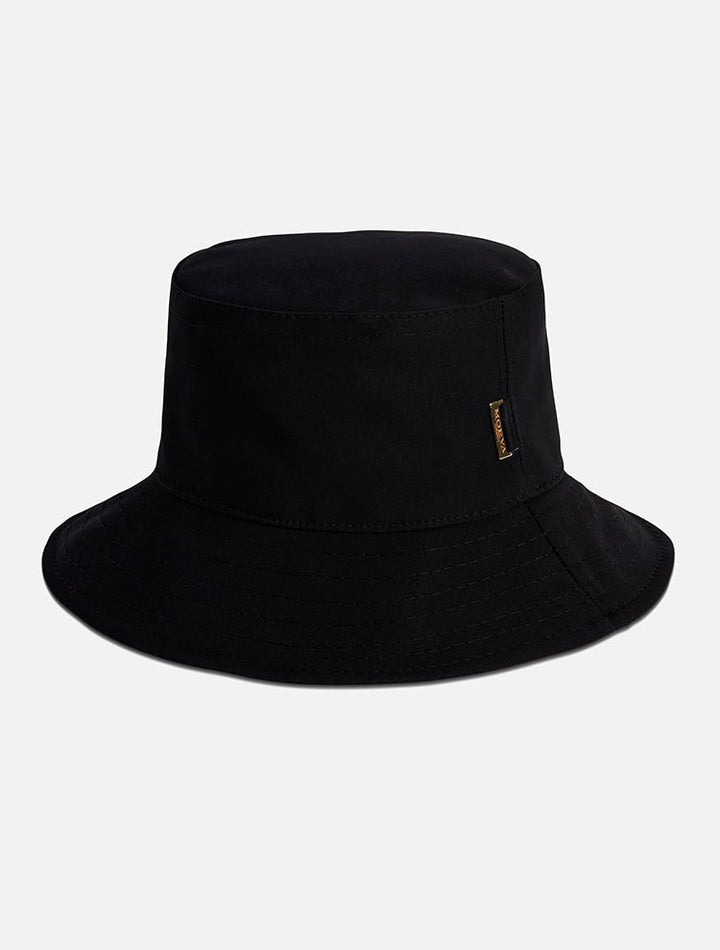 Front View: Miami Black Bucket Hat - MOEVA Luxury Swimwear, Gold, Straw, Swimwear Fabric Bucket Hat, Signature Moeva Patch at Front, Classic Sillhouette, Quilted Brim, Quick Dry, Lined, 72% Polyamide 28% Elastane, MOEVA Luxury Swimwear 