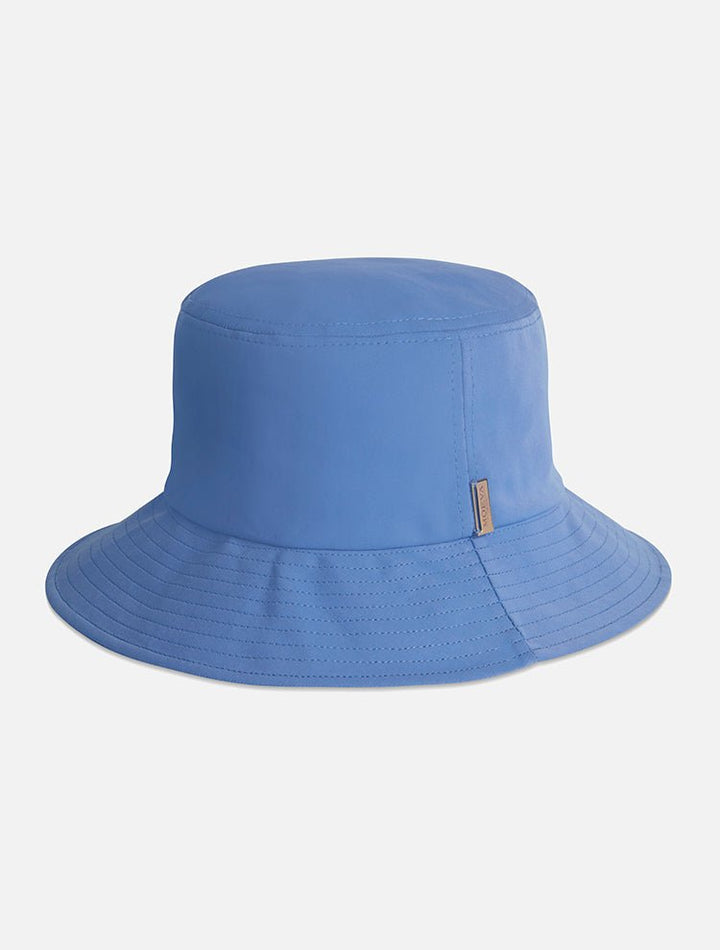 Front View: Miami Blue Bucket Hat - MOEVA Luxury Swimwear, Gold, Straw, Swimwear Fabric Bucket Hat, Signature Moeva Patch at Front, Classic Sillhouette, Quilted Brim, Quick Dry, Lined, 72% Polyamide 28% Elastane, MOEVA Luxury Swimwear 
