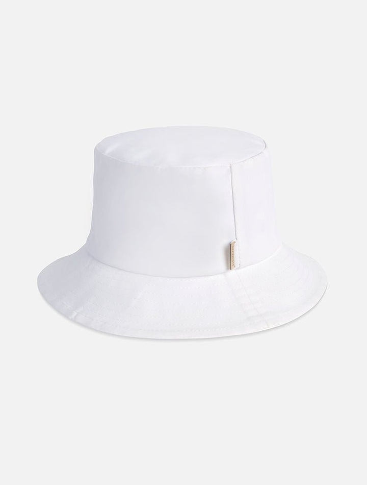 Front View: Miami White Bucket Hat - MOEVA Luxury Swimwear, Gold, Straw, Swimwear Fabric Bucket Hat, Signature Moeva Patch at Front, Classic Sillhouette, Quilted Brim, Quick Dry, Lined, 72% Polyamide 28% Elastane, MOEVA Luxury Swimwear 