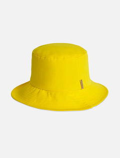 Front View: Miami Yellow Bucket Hat - MOEVA Luxury Swimwear, Gold, Straw, Swimwear Fabric Bucket Hat, Signature Moeva Patch at Front, Classic Sillhouette, Quilted Brim, Quick Dry, Lined, 72% Polyamide 28% Elastane, MOEVA Luxury Swimwear 