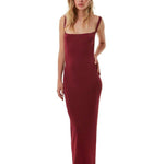 "Front view of Milena Burgundy Dress featuring a straight neckline and sleeveless design"