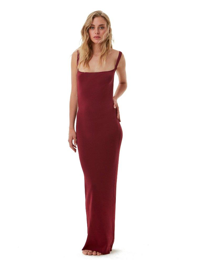 "Front view of Milena Burgundy Dress featuring a straight neckline and sleeveless design"