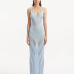 Front View: Model in Mimi Baby Blue Dress  - MOEVA Luxury Swimwear, Mesh Knit, Scoop Neckline, Ankle Length, MOEVA Luxury Swimwear