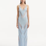 Front View: Model in Mimi Baby Blue Dress  - MOEVA Luxury Swimwear, Mesh Knit, Scoop Neckline, Ankle Length, MOEVA Luxury Swimwear