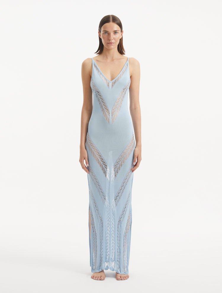 Front View: Model in Mimi Baby Blue Dress  - MOEVA Luxury Swimwear, Mesh Knit, Scoop Neckline, Ankle Length, MOEVA Luxury Swimwear