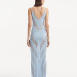 Back View: Model in Mimi Baby Blue Dress  - MOEVA Luxury Swimwear, Knitted Maxi Dress, Comfortable Fit, Unlined, Day to Night and Signature, Slit Details, Close Fit, MOEVA Luxury Swimwear
