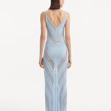 Back View: Model in Mimi Baby Blue Dress  - MOEVA Luxury Swimwear, Knitted Maxi Dress, Comfortable Fit, Unlined, Day to Night and Signature, Slit Details, Close Fit, MOEVA Luxury Swimwear