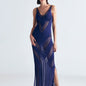 Front View: Model in Mimi Navy Blue Dress - MOEVA Luxury Swimwear, Mesh Knit, Scoop Neckline, Ankle Length, MOEVA Luxury Swimwear