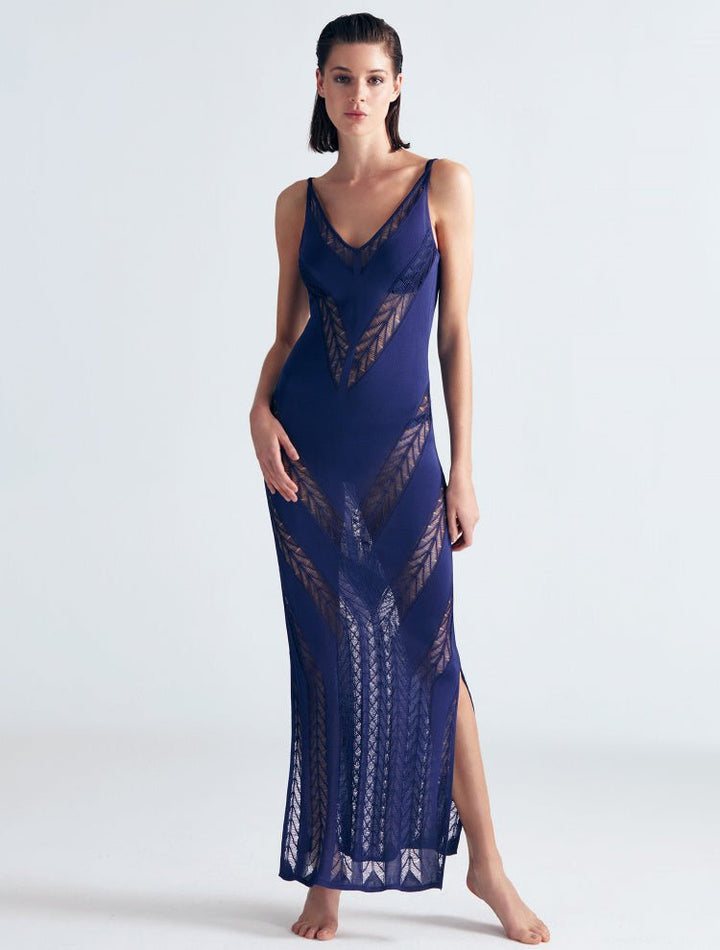 Front View: Model in Mimi Navy Blue Dress - MOEVA Luxury Swimwear, Mesh Knit, Scoop Neckline, Ankle Length, MOEVA Luxury Swimwear