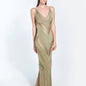 Front View: Model in Mimi Shiny Green Dress - MOEVA Luxury Swimwear, Mesh Knit, Scoop Neckline, Ankle Length, MOEVA Luxury Swimwear