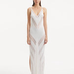 Front View: Model in Mimi White Dress - MOEVA Luxury Swimwear, Mesh Knit, Scoop Neckline, Ankle Length, MOEVA Luxury Swimwear