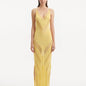 Front View: Model in Mimi Yellow Dress - MOEVA Luxury Swimwear, Mesh Knit, Scoop Neckline, Ankle Length, MOEVA Luxury Swimwear