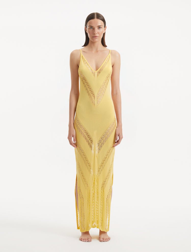 Front View: Model in Mimi Yellow Dress - MOEVA Luxury Swimwear, Mesh Knit, Scoop Neckline, Ankle Length, MOEVA Luxury Swimwear
