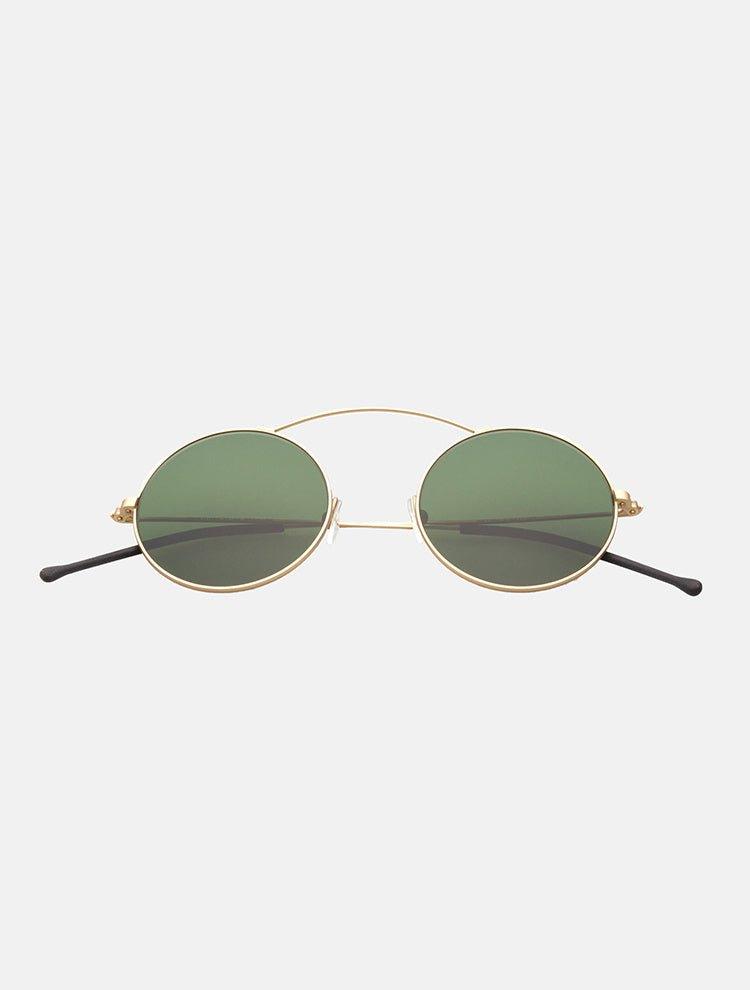 Front View of Misty Green/Gold Sunglasses - MOEVA Luxury  Swimwear, Diagonal Frame, Double Bridge, Adjustable Nose Pads, Tinted Lenses, MOEVA Luxury  Swimwear     