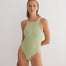 "Front view of Moa Green/Nude Reversible Bodysuit showing its high neckline and thong-style cut."