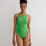  "Moa Green/Pink Reversible Bodysuit front view showcasing high neckline and thong-style cut."