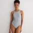  "Front view of Moa Grey/White Reversible Bodysuit showcasing its high neckline and sleek design."