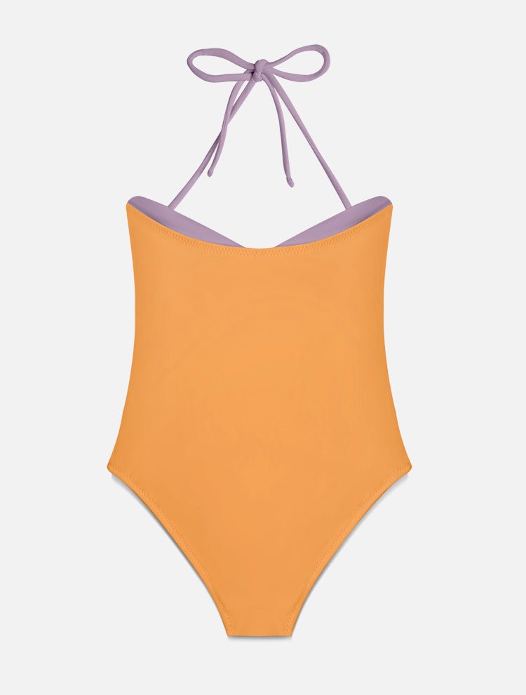 Back View: Moana Orange/Lilac Kids Swimsuit - One Piece, Fully Lined, Mommy and Me, Soft Tocuh Fabric,, MOEVA Luxury Swimwear