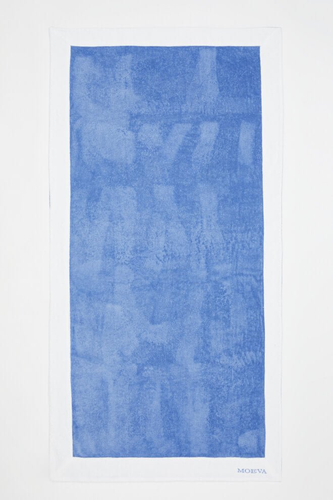 Front View of Monaco Blue/White Towel - MOEVA Luxury  Swimwear, Organic Turkish Cotton, Soft & Smooth, Full Reversible, Super Absorbent, Quick Drying, Embroidered Moeva logo, Length: 180 cm / Width: 100 cm, %100 Cotton, MOEVA Luxury  Swimwear     