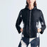 "Front view of the Morgan Abstract Print/Black Jacket, featuring a hood, bold abstract print, and black detailing."